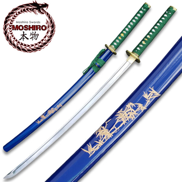 MOSHIRO 1045 Steel Handmade Katana With Bamboo Engraved on Blue Scabbard
