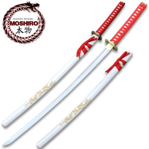 MOSHIRO 1045 Steel Handmade Katana With Dragon Engraved on White Scabbard