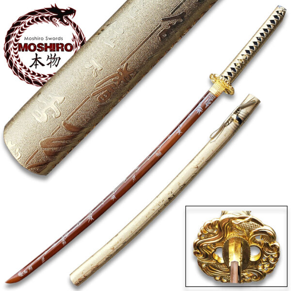 MOSHIRO Gold Edition 65Mn Spring Steel Hand Forge Katana Sword  Gold Scabbard