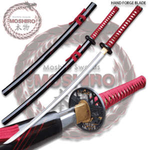 MOSHIRO 1065 High Carbon Steel Blade Katana Sword Full Tang  Burgundy cord Wrapped