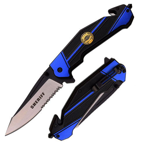 MTECH USA POLICE & SHERIFF SPRING ASSISTED RESCUE KNIFE Blue Line LEO