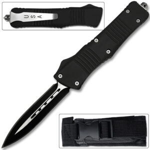 Spear Point OTF Knife Out The Front Assisted Open Tactical Glass Breaker Straight Edge Black Handle