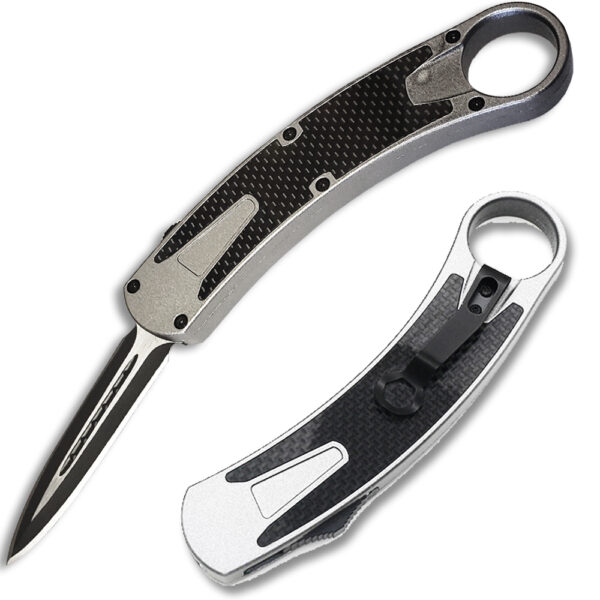 Karambit OTF Spear Point, Double Edged Blade Silver Handle