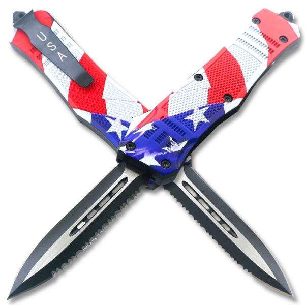 Swift American Flag Swift OTF Knife Single  Edge Serrated Top Edge Blade