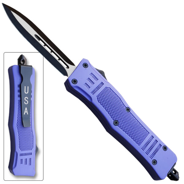 Purple Legacy Edge OTF Knife Spear Point, Double Edged Blade
