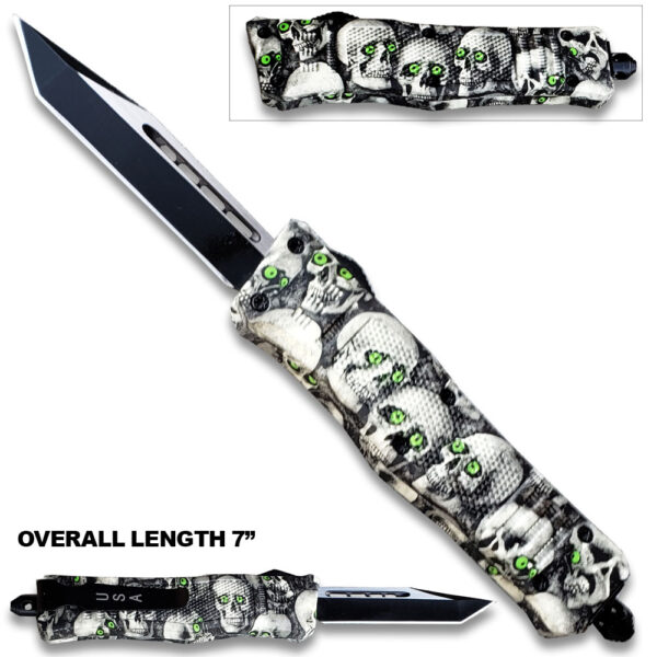 3D Skull with Black & White Zombie Tanto Blade OTF Knife W/Green Eye