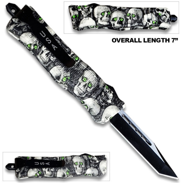 3D Skull with Black & White Zombie Tanto Blade OTF Knife W/Green Eye