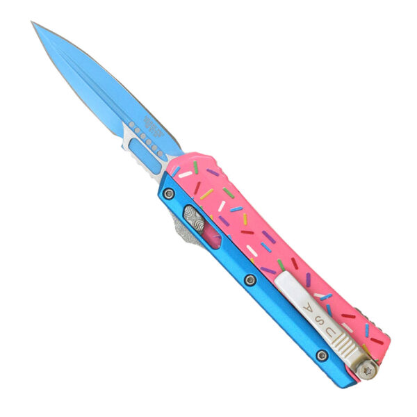 Double Edge OTF Knife With Tactical Rainbow Blade Candy Sprinkles Orange Handle