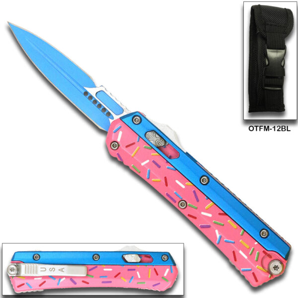 Double Edge OTF Knife With Tactical Rainbow Blade Candy Sprinkles Orange Handle
