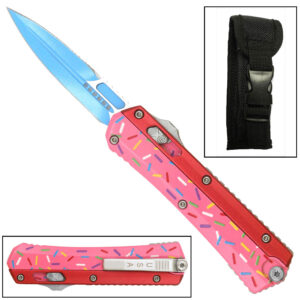 Double Edge OTF Knife With Tactical Rainbow Blade Candy Sprinkles Blue Handle