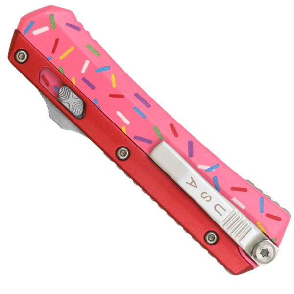 Double Edge OTF Knife With Tactical Rainbow Blade Candy Sprinkles Blue Handle