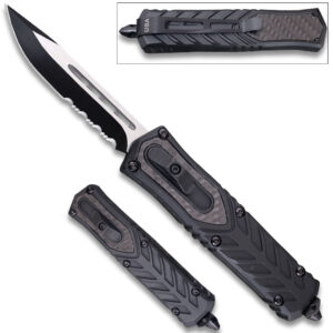Delta OTF Carbon Fiber Black Drop Point Serrated Edge Knife