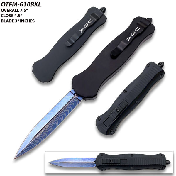 9 "Spear Point Blue Etched OTF Knife Tactical Edge Black Handle