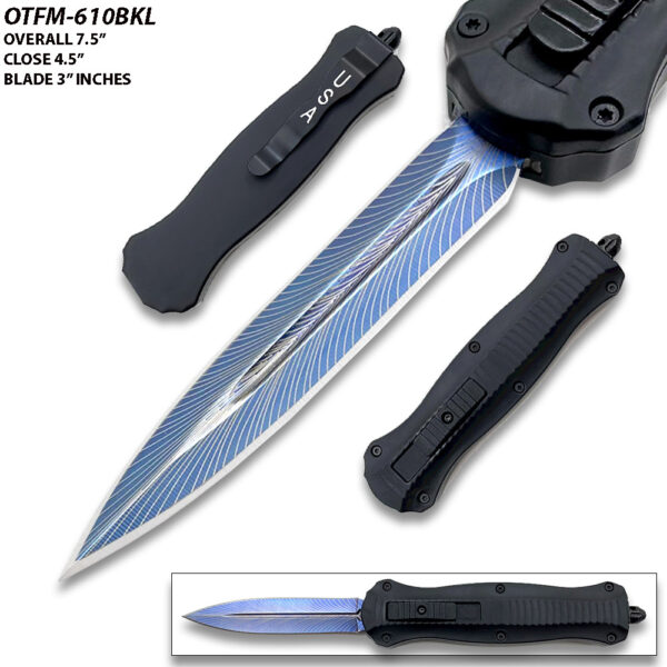 9 "Spear Point Blue Etched OTF Knife Tactical Edge Black Handle