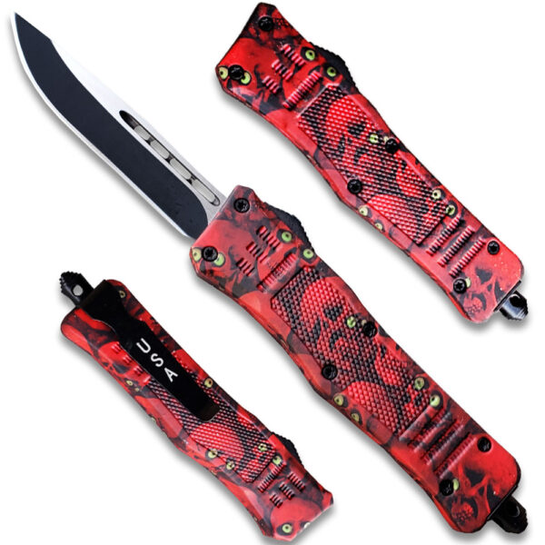 7"Overall Drop Point Edged Red Zombie OTF Knife With Green Eye