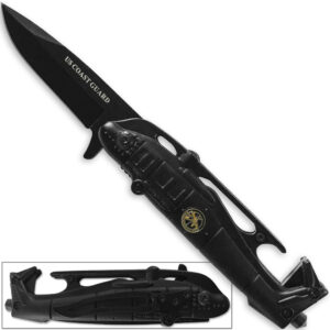 US Coast Guard Tactical Folding Knife Helicopter Black Seatbelt Cutter Spring Assist