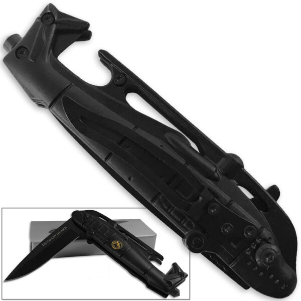 US Coast Guard Tactical Folding Knife Helicopter Black Seatbelt Cutter Spring Assist