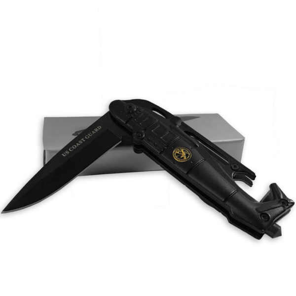 US Coast Guard Tactical Folding Knife Helicopter Black Seatbelt Cutter Spring Assist