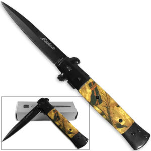 Stiletto Milano Godfather Kissing Crane Knives Legal Assisted Opening Knife Woodland Camo