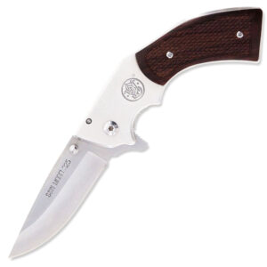 Smith & Wesson M325 Revolver Flipper Knife 3" Satin Drop Point Blade, Wooden Revolver Grip Handles