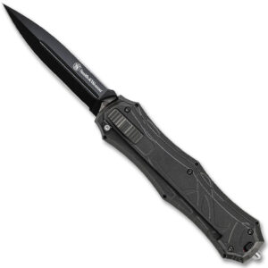 Smith & Wesson SWOTF9B OTF Assisted 3.6" Black Double Edge Blade, Black Aluminum Handles