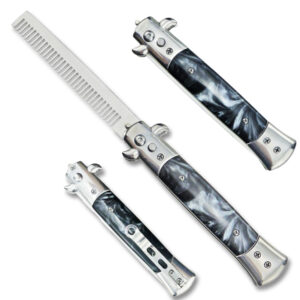 Auto Push Button Comb Switchblade Locking Knife Marble Black Handle