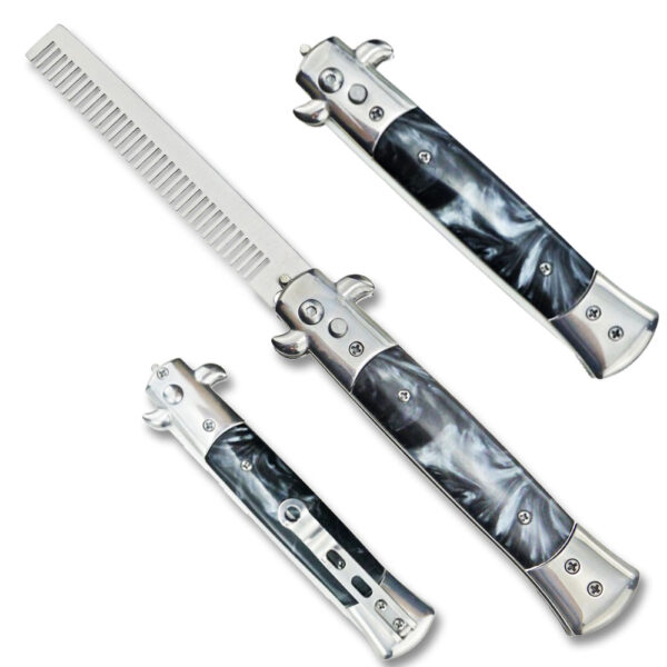 Auto Push Button Comb Switchblade Locking Knife Marble Black Handle