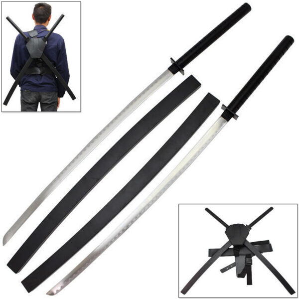 Deadpool Dual Two Ninja Swords with Wood Saya's & X-Harness Back Carry Rig