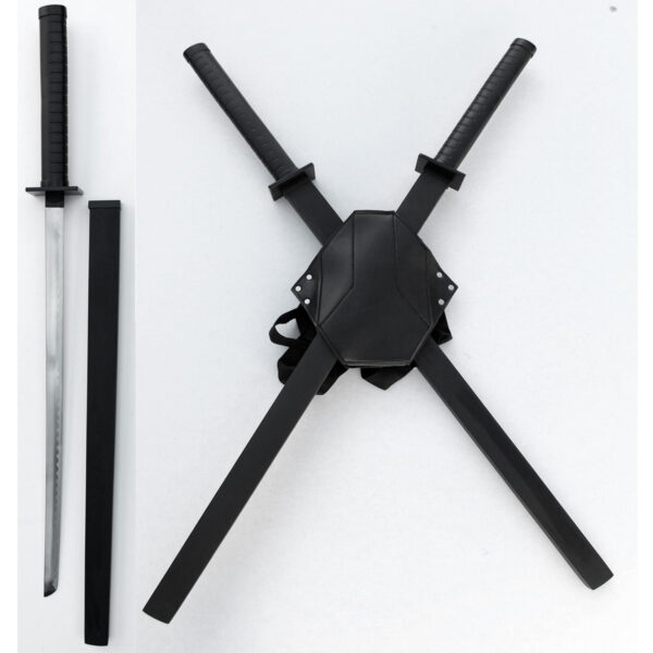 Deadpool Dual Two Ninja Swords with Wood Saya's & X-Harness Back Carry Rig