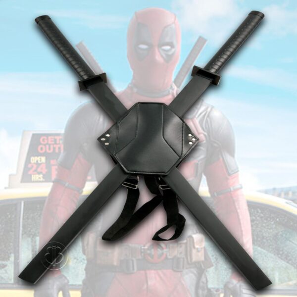 Deadpool Dual Two Ninja Swords with Wood Saya's & X-Harness Back Carry Rig