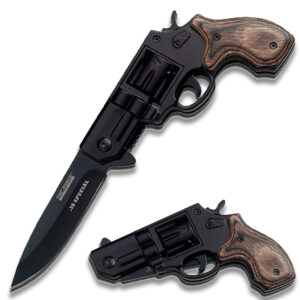 Gun Style  Tactical Spring Assisted Knife Wood Handle