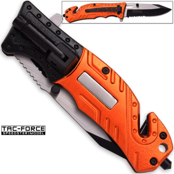 8in TAC Force EMT Hi-Vis Rescue Flashlight Pocket Knife Spring Assisted Folding