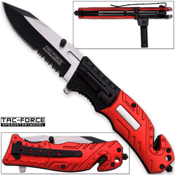 8in TAC Force Firefighter Rescue Flashlight Pocket Knife Spring Assisted Folding Red