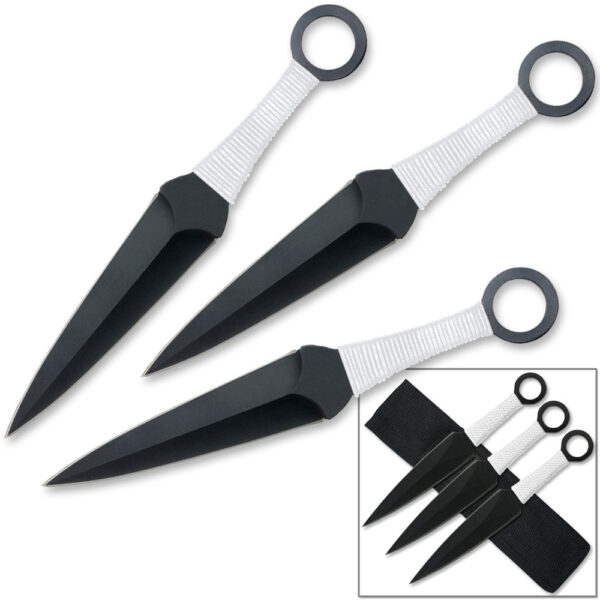 9in Ninja Set of 3 White Throwing Knives