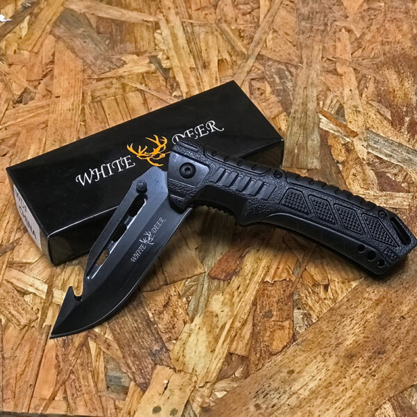 White Deer Gut Hook Spring Assisted Knife Black Blade